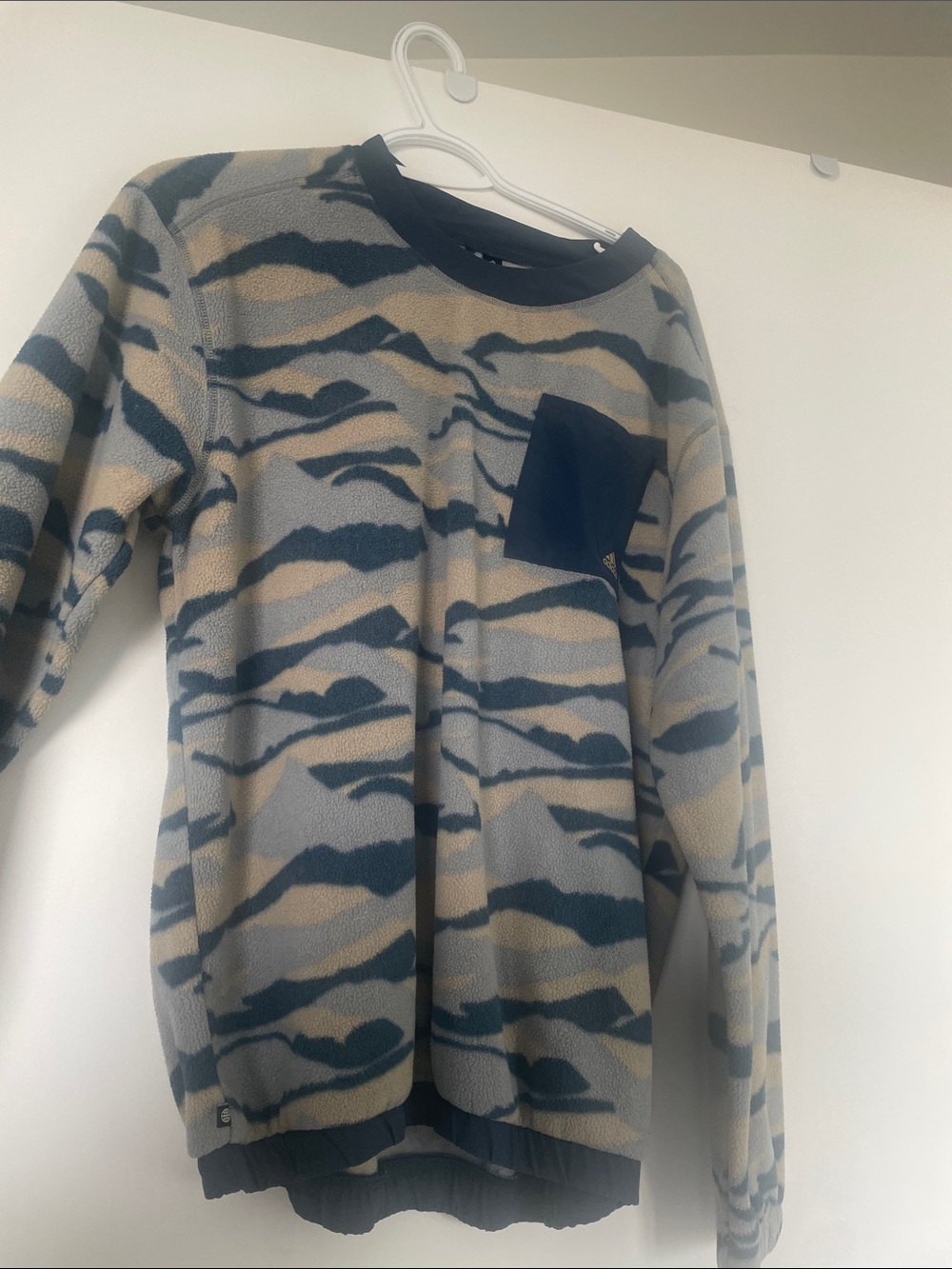Adidas Long-Sleeve Fleece Sweater in Beige & Navy